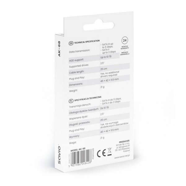 Savio Adapter USB-A 3.1 Gen 1 (M) - SATA (F) do dysków SATA 2.5 cala , AK-68