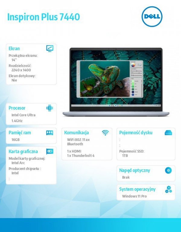 Dell Notebook Inspiron Plus 7440/Ultra 7 155H/16GB/1TB SSD/14.0 2.2K/Arc/FgrPr/Cam & Mic/WLAN + BT/Backlit Kb/4 Cell/W11Pro/2Y B