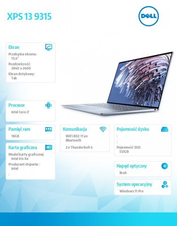 Dell Notebook XPS 13 9315/Core i7-1250U/16GB/512GB SSD/13.4 UHD Touch/Intel Iris Xe/WLAN + BT/Backlit Kb/3 Cell/W11Pro/3Y Basic 