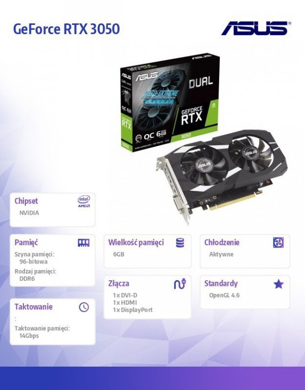 Asus Karta graficzna GeForce RTX 3050 DUAL OC 6GB GDDR6 96bit DP/HDMI