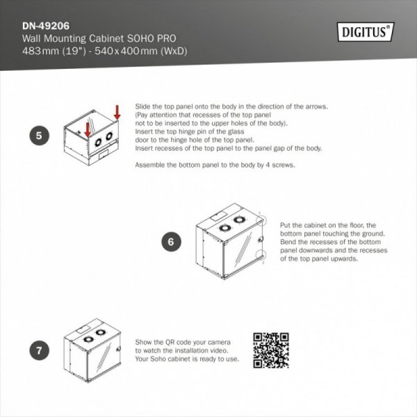 Digitus Szafa sieciowa wisząca 19" 12U, SOHO PRO 595 x 540 x 400 mm, nośność 60kg, drzwi szyba, niezłożona, Szara
