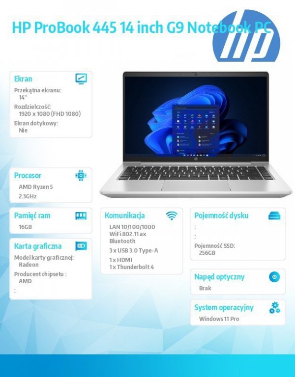 HP Inc. Notebook ProBook 445 G9 R5-5625U 256GB/16GB/W11P/14.0   9M3Z7AT