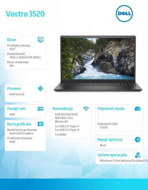 Dell Notebook Vostro 15 (3520) Win11Pro Academic (EDU) i5-1235U/8GB/512G.GB SSD/15.6 FHD/Intel UHD/FgrPr/Cam & Mic/WLAN + BT/Bac