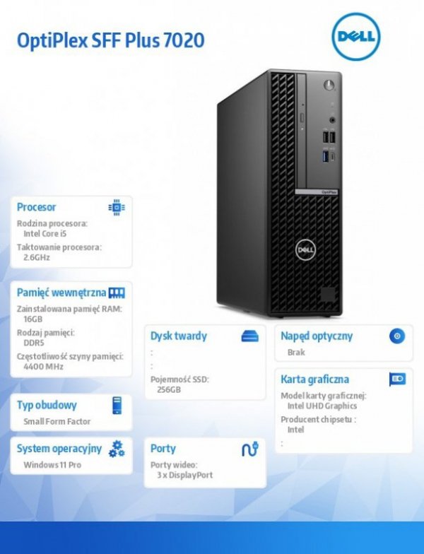 Dell Komputer Optiplex Plus SFF/Core i5-14500/16GB/256GB SSD/Integrated/WLAN + BT/Wireless Kb & Mouse/260W/W11Pro/vPro