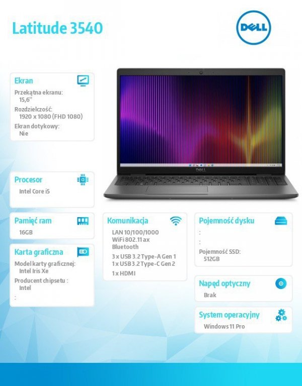 Dell Notebook Latitude 3540 Win11Pro i5-1345U/16GB/512GB SSD/15.6&#039; FHD/Intel Iris Xe/FgrPr/FHD Cam+IR/Mic/WLAN+BT/Backlit K