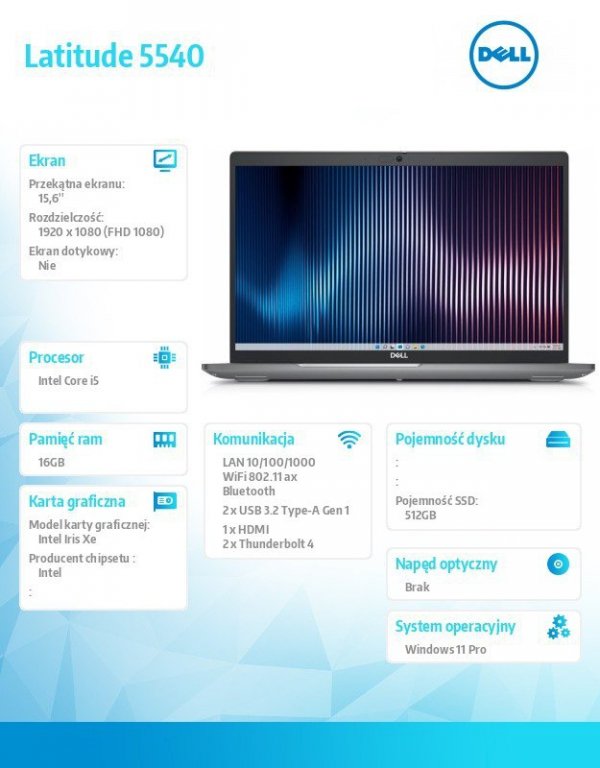 Dell Notebook Latitude 5540 Win11Pro i5-1345U/16GB/512GB SSD/15.6 FHD/Integrated/FgrPr&SmtCd/FHD Cam+IR/Mic/WLAN+BT/Backlit Kb/3