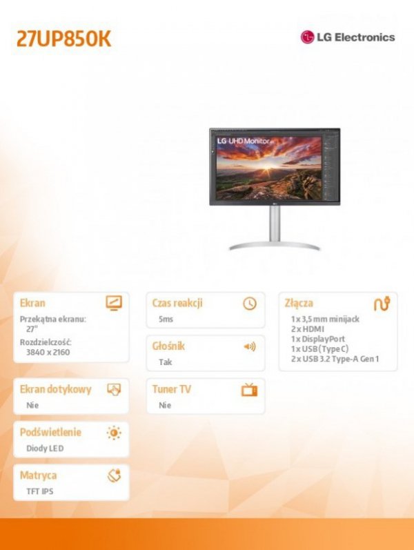 LG Electronics Monitor 27 cali 27UP850K-W UHD IPS USB-C Vesa DisplayHDR