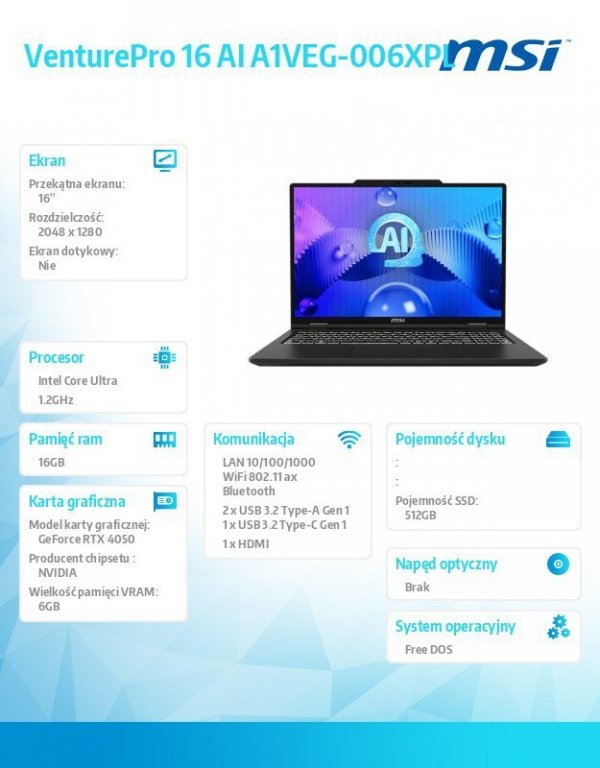 MSI Notebook VenturePro 16 AI A1VEG-006XPL nOS/Core U5/16GB/512SSD/RTX4050/16 cali 2K OLED 120Hz