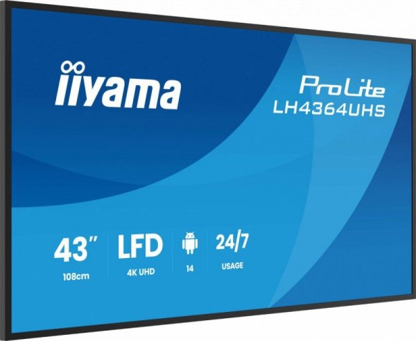 IIYAMA Monitor 43 cale LH4364UHS-B1AG 24/7,VA,ANDROID14,4K,500cd,4000:1,2xHDMI,USB-C,RJ45, RS-232c, IR, 2x10W, 2xUSB, UCHWYT ŚCI