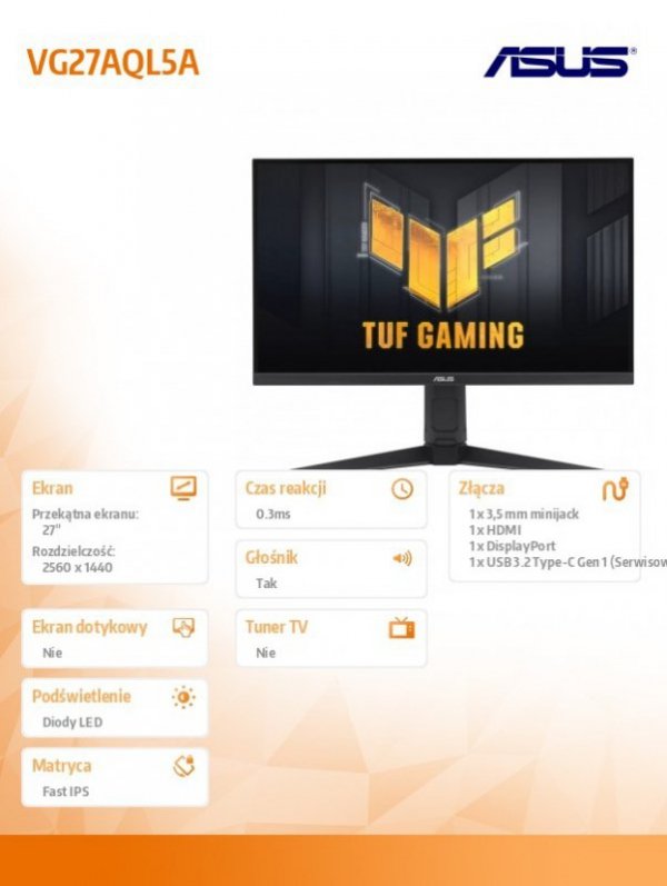 Asus Monitor 27 cali VG27AQL5A DP/2HDMI 0.3MS czarny