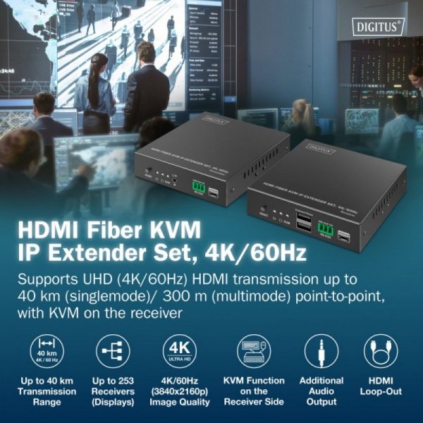 Digitus Przedłużacz (extender) światłowodowy HDMI 4K/60Hz z KVM USB 1.1 przez IP 1G lub do 40km/300m, max. 253 odbiorniki, HDMI 