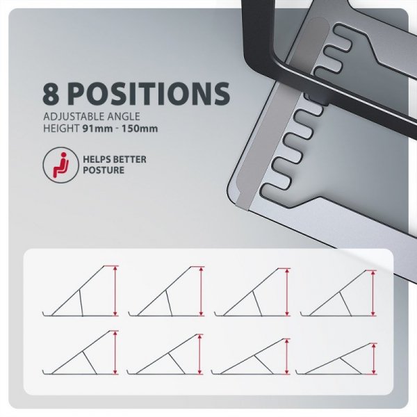 AXAGON STND-LAG Podstawa do laptopów aluminiowa 10-17,3 cala 8 regulowanych pozycji, Szara