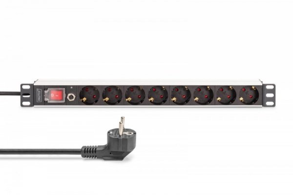 Digitus Listwa zasilająca PDU Rack 19" z zabezpieczeniem przeciążeniowym, 8 gniazd Schuko CEE 7/3 (45°), kabel 2m wtyk Unis
