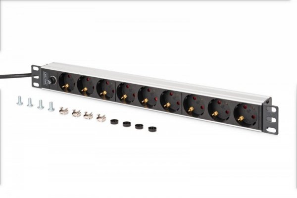 Digitus Listwa zasilająca PDU Rack 19" z bezpiecznikiem przeciążeniowym, 9 gniazd Schuko CEE 7/3 (45°), kabel 2m wtyk IEC C