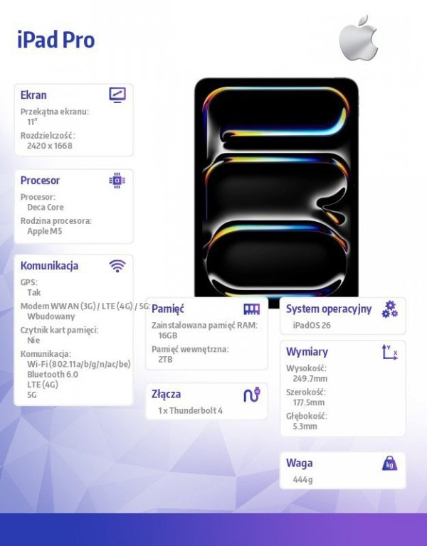 Apple iPad Pro 11-calowy Wi-Fi + Cellular 2 TB ze szkłem standardowym - Gwiezdna czerń