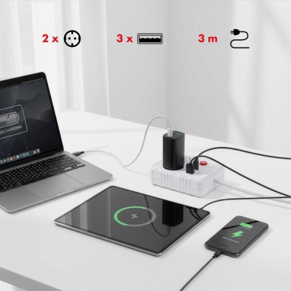 Maclean Listwa zasilająca, MCE388 W 2 gniazda, 3xUSB, 110-240V AC 50/60Hz, 2.1A max 2500W, 3m biała