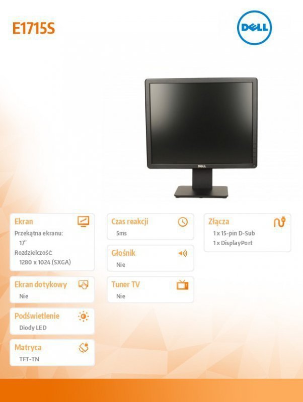 Dell Monitor E1715S 17 cali LCD TN (1280x1024)^5:4^VGA^DP^3Y PPG
