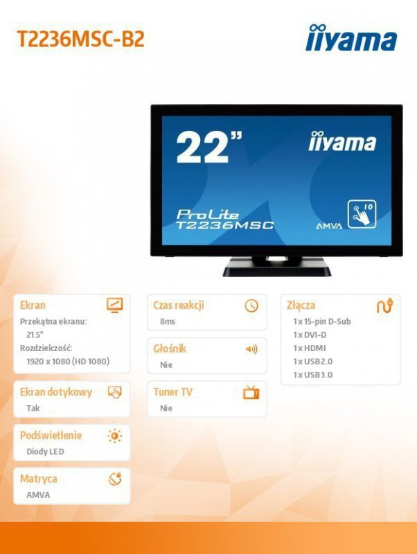 IIYAMA Monitor 21.5 T2236MSC-B2 10P DOTYKOWY HDMI^DVI^GŁOŚNIKI PCAP