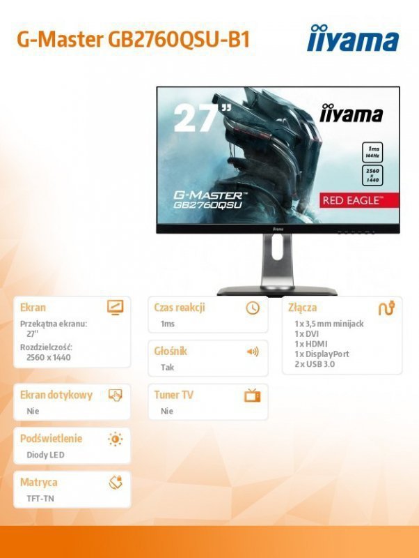 IIYAMA Monitor 27 GB2760QSU-B1 TN,WQHD,HDMI,DP,USB,144Hz,ETE.