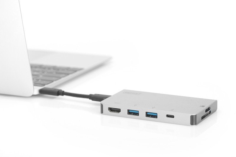 Digitus Stacja dokująca podróżna USB Typ C, 6 portów 4K, HDMI, VGA, USB3.0, RJ45, microSD, SD^MMC, Srebrna