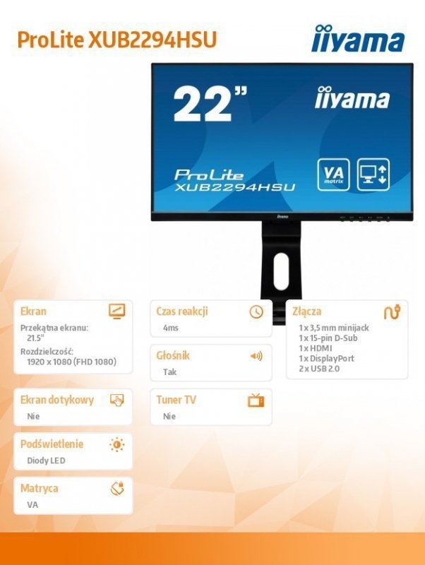 IIYAMA Monitor 21,5 XUB2294HSU- VA,FLHD,HDMI,DP,VGA,USB