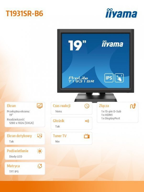 IIYAMA Monitor 19 cali T1931SR-B6 RESIS.IP54,HDMI,DP,VGA.