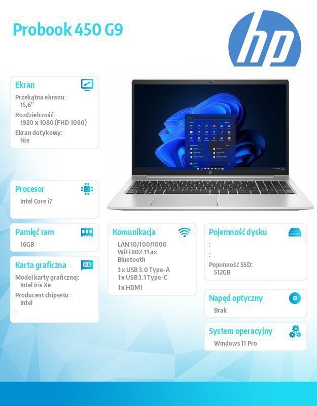 HP Inc. Notebook ProBook 450 G9 i7-1255U 512GB^16GB^W11P^15.6 6A163EA