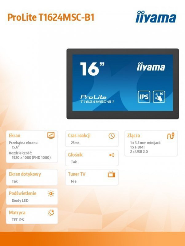 IIYAMA Monitor 15.6 cali T1624MSC-B1 IPS,poj.10pkt.450cd,24^7,media player,6H