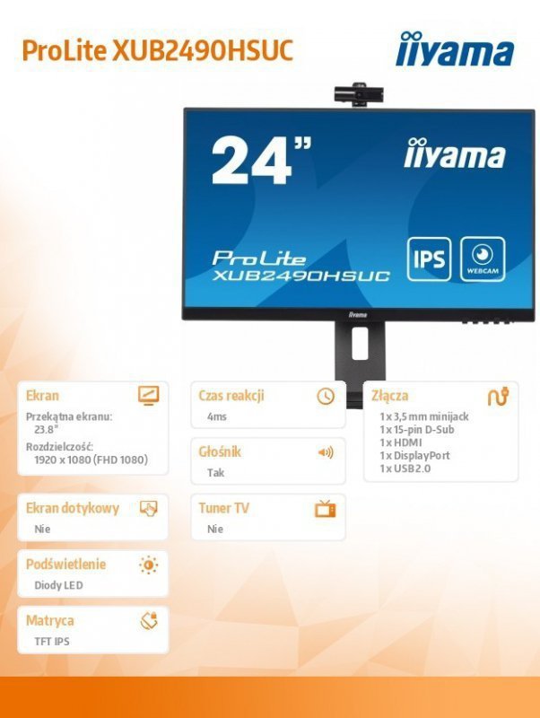 IIYAMA Monitor 23.8 cala XUB2490HSUC-B5 IPS,FHD,CAM,MIC,HDMI,DP,HAS(150mm)