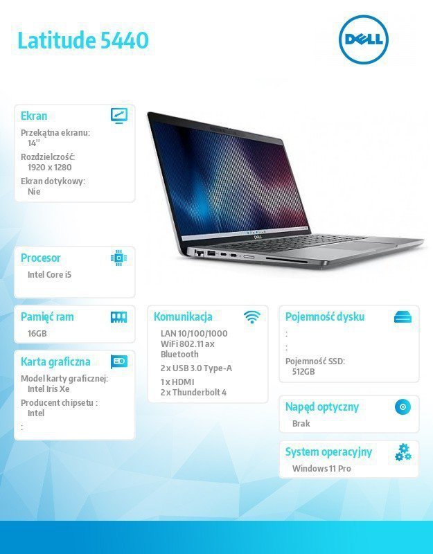 Dell Notebook Latitude 5440 Win11Pro i5-1335U^16GB^512GB SSD^14.0 FHD^Integrated^FgrPr&SmtCd^FHD^IR Cam^Mic^WLAN+BT^Backlit Kb^3