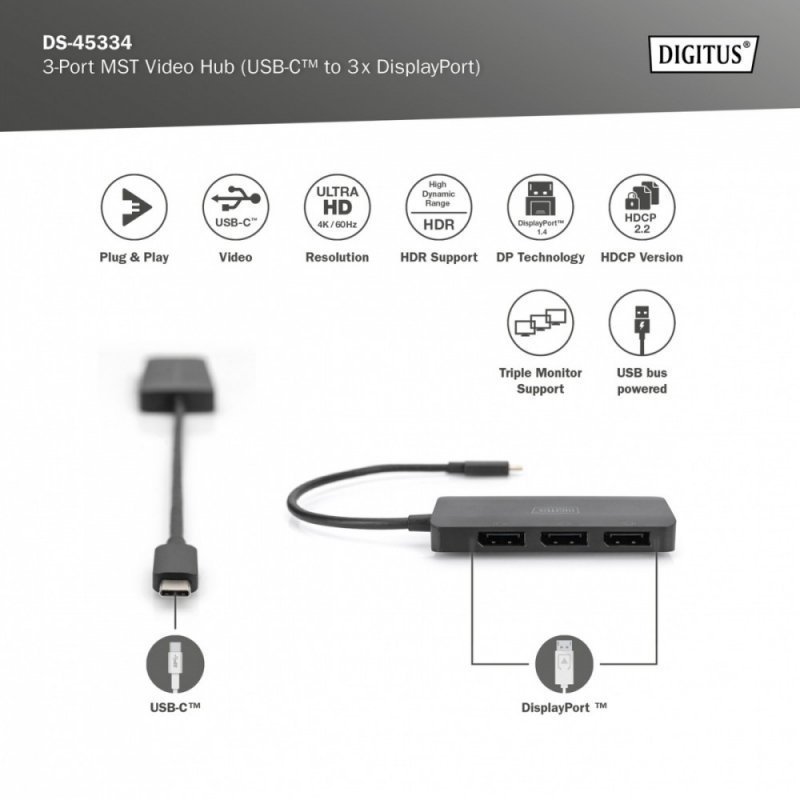 Digitus Hub^Koncentrator 3-portowy USB Typ C^3x DisplayPort 4K^60Hz HDR HDCP 2.2 MST
