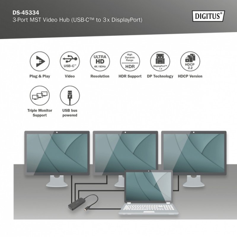 Digitus Hub^Koncentrator 3-portowy USB Typ C^3x DisplayPort 4K^60Hz HDR HDCP 2.2 MST