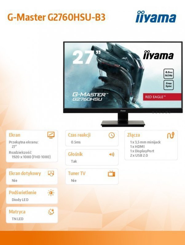 IIYAMA Monitor G-Master 27 cali G2760HSU-B3 TN,165Hz,0.5ms,400cd^m2,HDMI,DP,USB
