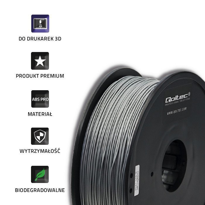 Qoltec Profesjonalny filament do druku 3D | ABS PRO | 1.75mm | 1kg | Srebrny
