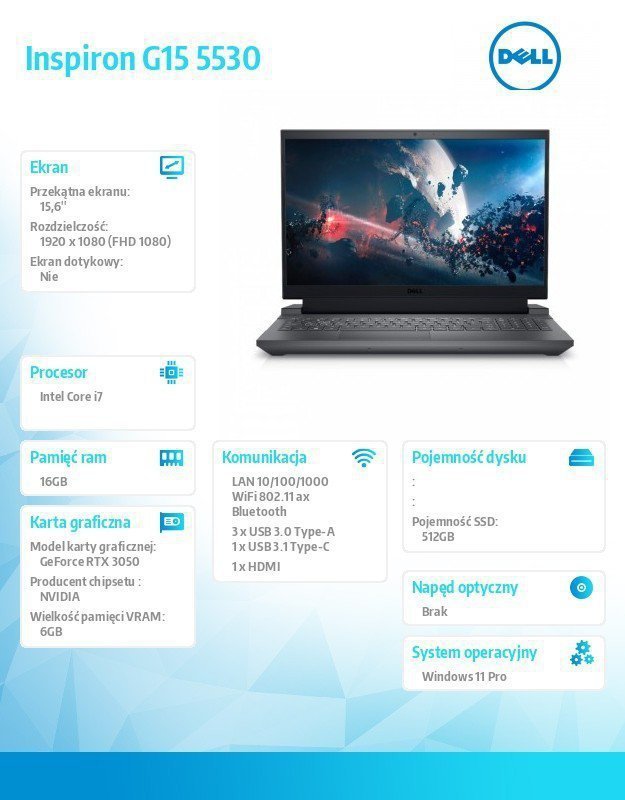 Dell Notebook Inspiron G15 5530^Core i7-13650HX^16GB^512GB SSD^15.6 FHD 120Hz^GeForce RTX 3050^Cam & Mic^WLAN + BT^Backlit Kb^3