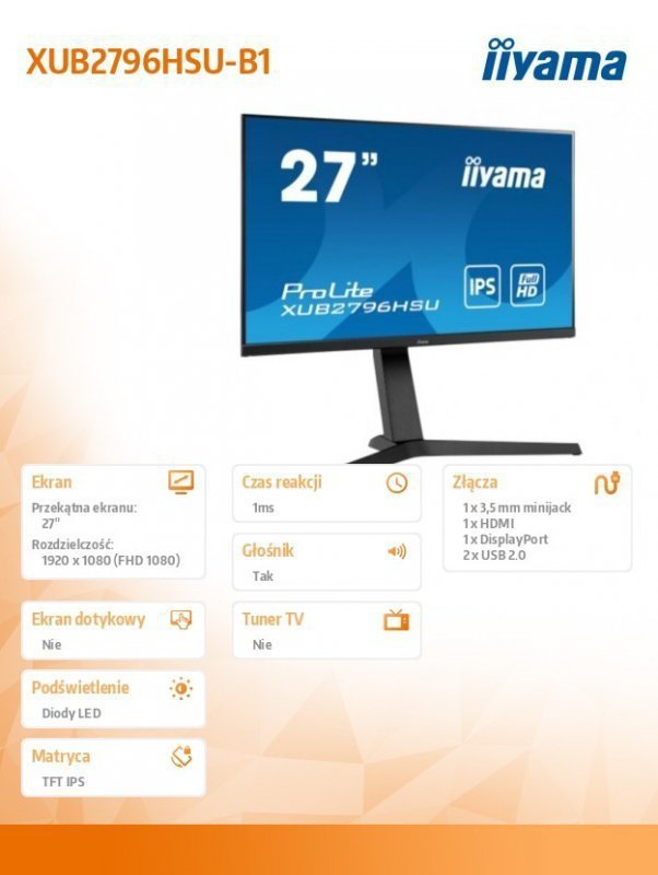 IIYAMA Monitor 27 cali XUB2796HSU-B IPS,1ms,HDMI,DP,FreeSync,USB,2x2W