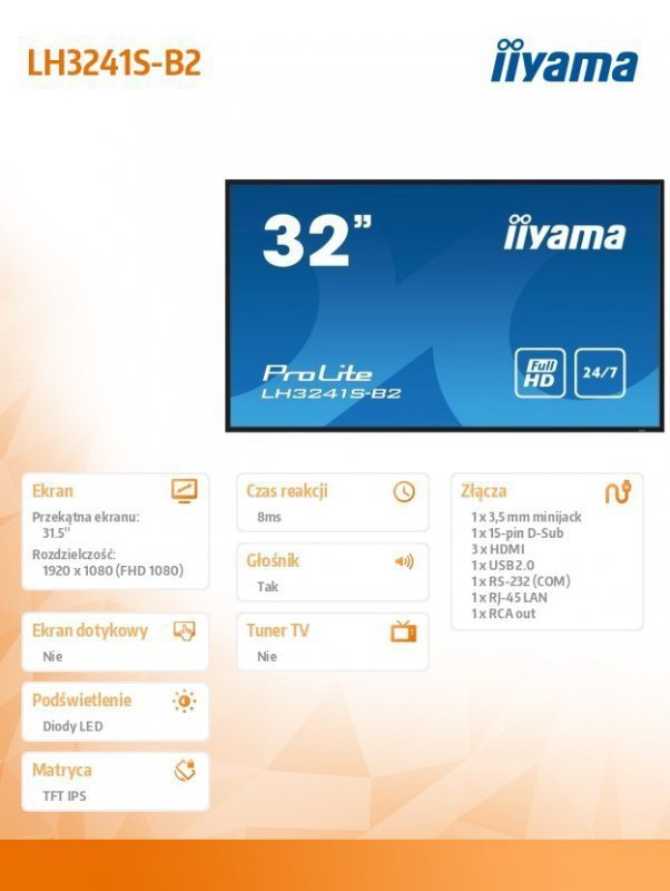 IIYAMA Monitor 32 cale LH3241S-B2 IPS,FHD,HDMI,24^7,RJ45