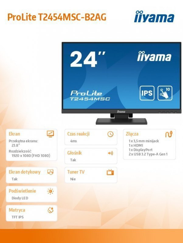IIYAMA Monitor 24 cale T2454MSC-B2AG 10 PKT. POJ,IPS,HDMI,DP,FHD,300cd,4ms,  2x2W
