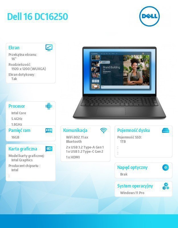 Dell Laptop Dell 16 DC16250 W11P C7-150U^16GB^1TB^16.0&#039; FHD+ Touch^Int^FgrPr^WLAN + BT^Backlit Kb^3 Cell^3YPS Carbon Black