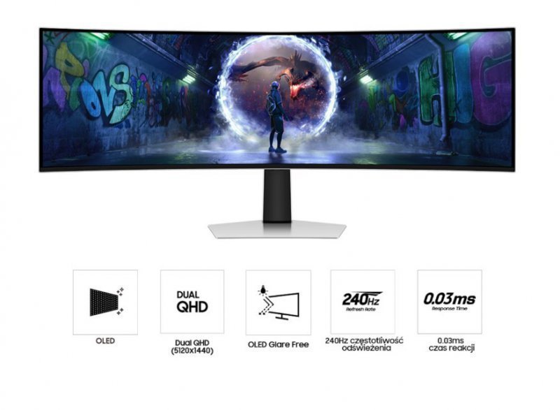 Samsung Monitor 49 cali Odyssey G9 G95SD OLED 5120x1440 DQHD 32:9 1xHDMI 1xmicroHDMI 1xDP 1xUSB-C 2xUSB 0,03ms 240Hz zakrzywiony