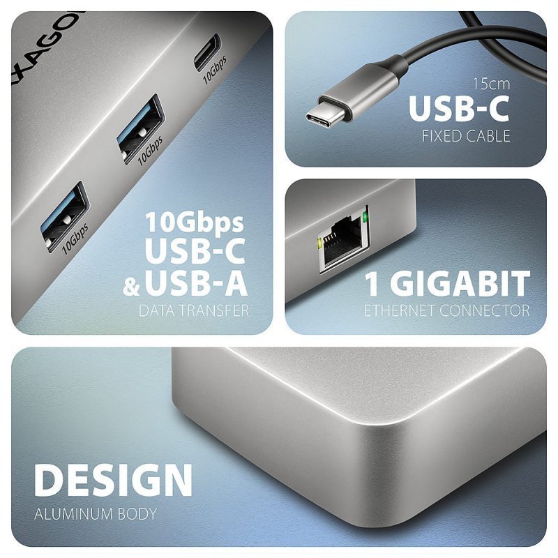 AXAGON HMC-CUB83X2 Wieloportovy hub USB 7in1, 10Gbps, 2x USB-A, 1x USB-C, 1x HDMI 4K^144Hz, DP 8K^30Hz, GLAN, PD 100W, 15cm USB-