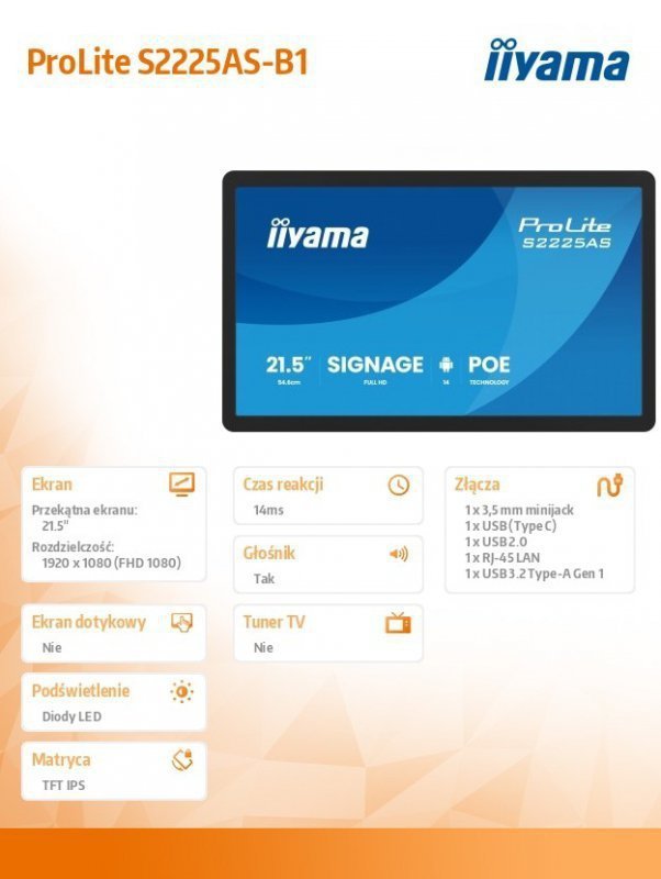 IIYAMA Monitor 21.5 cala ProLite S2225AS-B1 IPS,FHD,A14,24^7,RJ45,500cd2, USB-C,2x5W,iiSignage, WI-FI