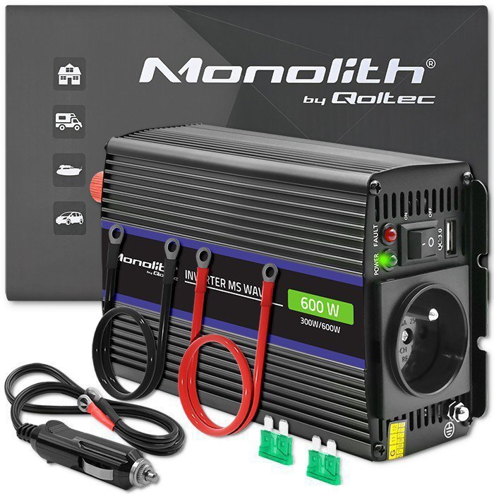 Qoltec Przetwornica napięcia Monolith 600 MS Wave | 12V na 230V |       300^600W | USB