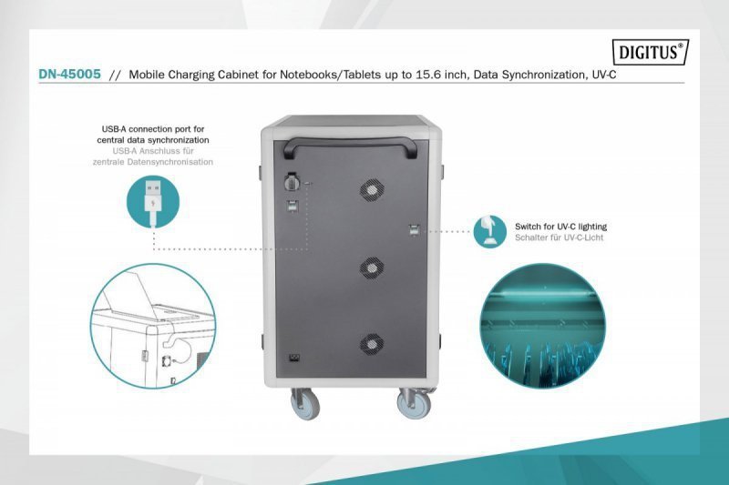 Digitus Szafa mobilna na kółkach do ładowania notebooków^tabletów do 15,6" z UV-C i synchronizacją danych
