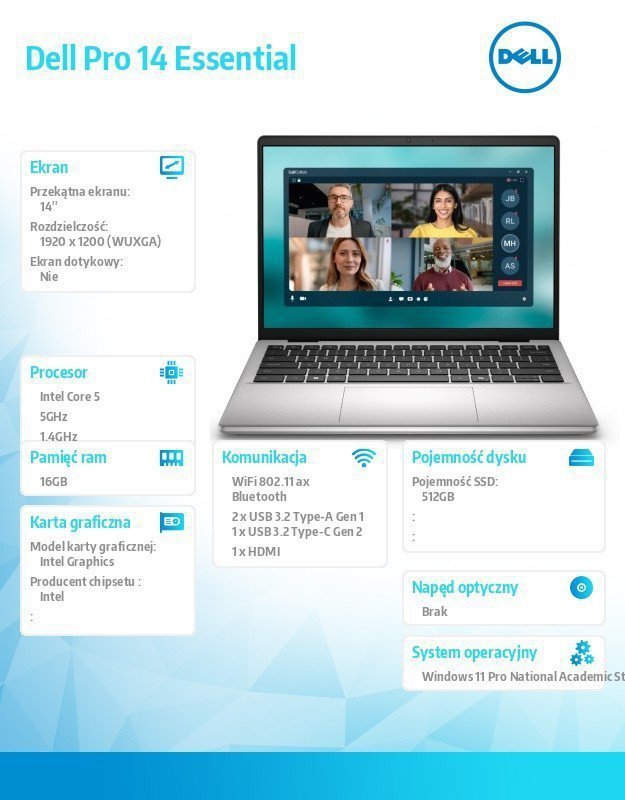 Dell Laptop Dell Pro 14 Essential PV14250 W11P EDU C5 120U^16GB^512GB^Intel Graph^FgrPr^WLAN+BT^14.0^BcklKb^4C^65W^5YRS Plat Sil