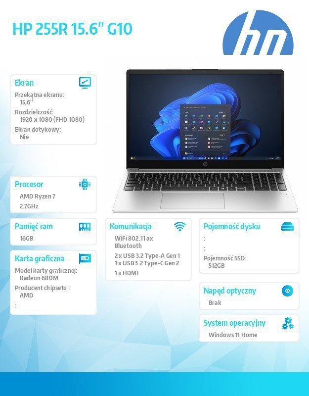 HP Inc. Notebook 255R G10 R7-7735U 512GB^16GB^Win11H^15,6 AD1T4ET