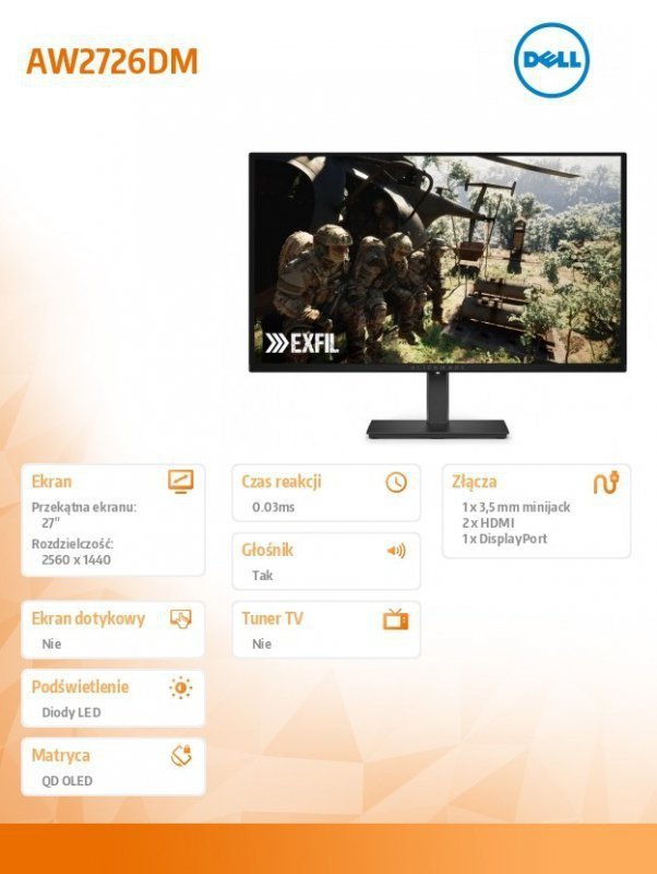 Dell Monitor gamingowy Alienware AW2726DM 27 cali IPS QHD^16:9^DP^HDMI^3Y