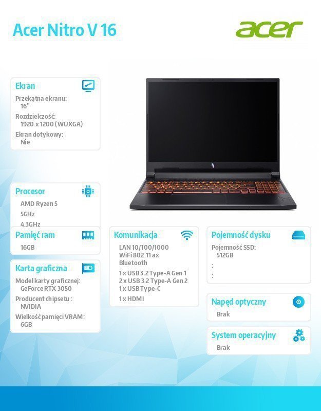 Acer Notebook Nitro V 16 AI ANV16-42-R70Z ESHELL^R5 240^16GB^512SSD^RTX3050^16.0