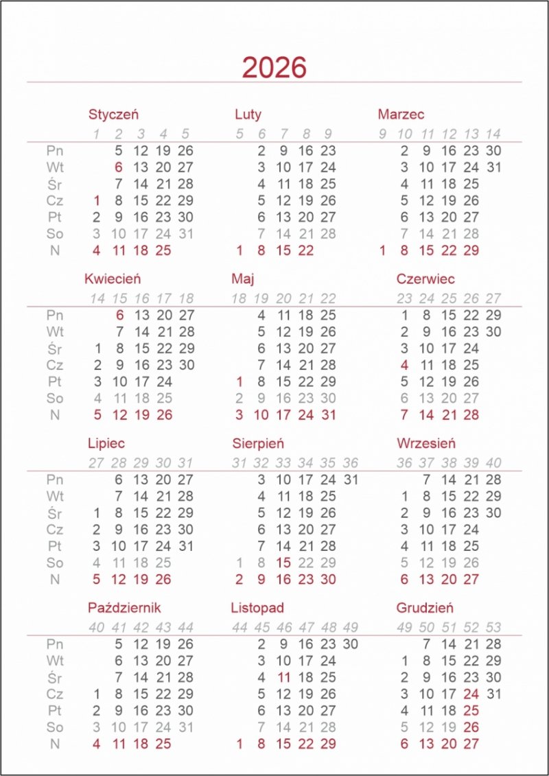 skrócone kalendarium kalendarza na rok 2026