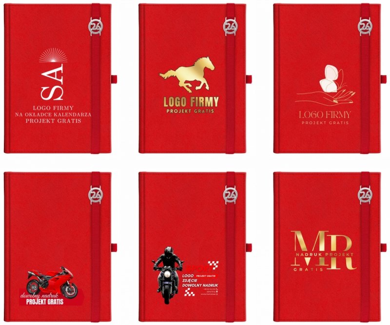 Kalendarz książkowy 2026 B5 dzienny papier chamois wycinane registry oprawa z zamykaniem na gumkę i mocowaniem na długopis ROSSA VIU czerwona Z NADRUKIEM LOGO